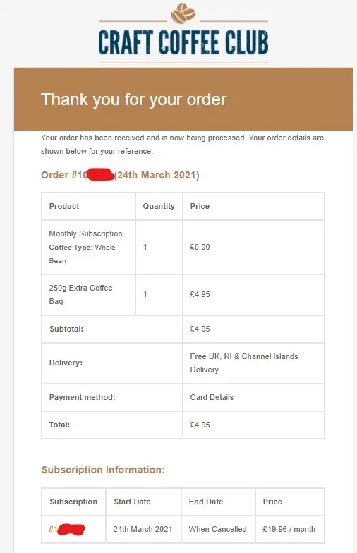 craft coffee club subscription receipt